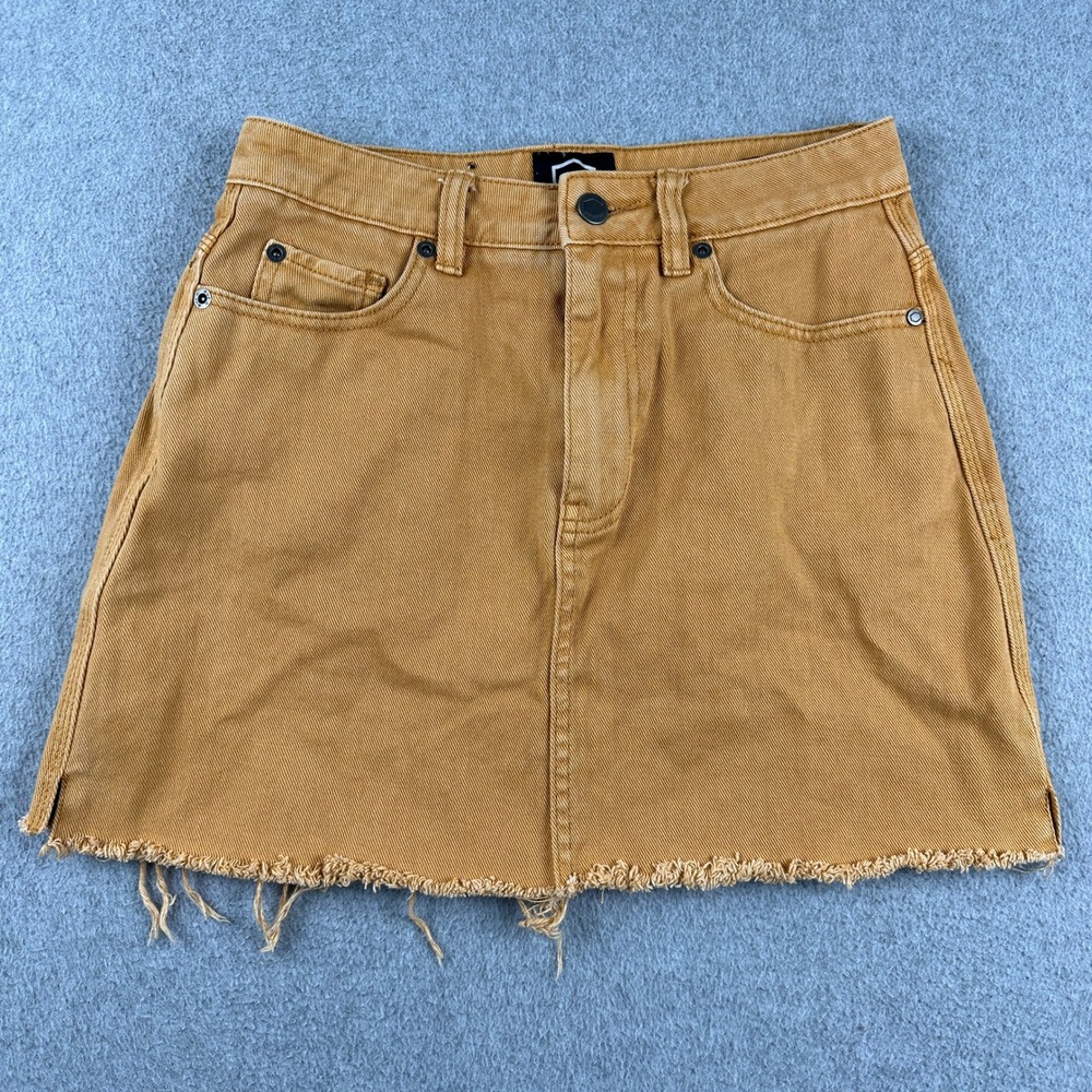 RVCA Skirt Womens 27 Rowdy Mustard Yellow Raw Hem Denim Mini Skirt